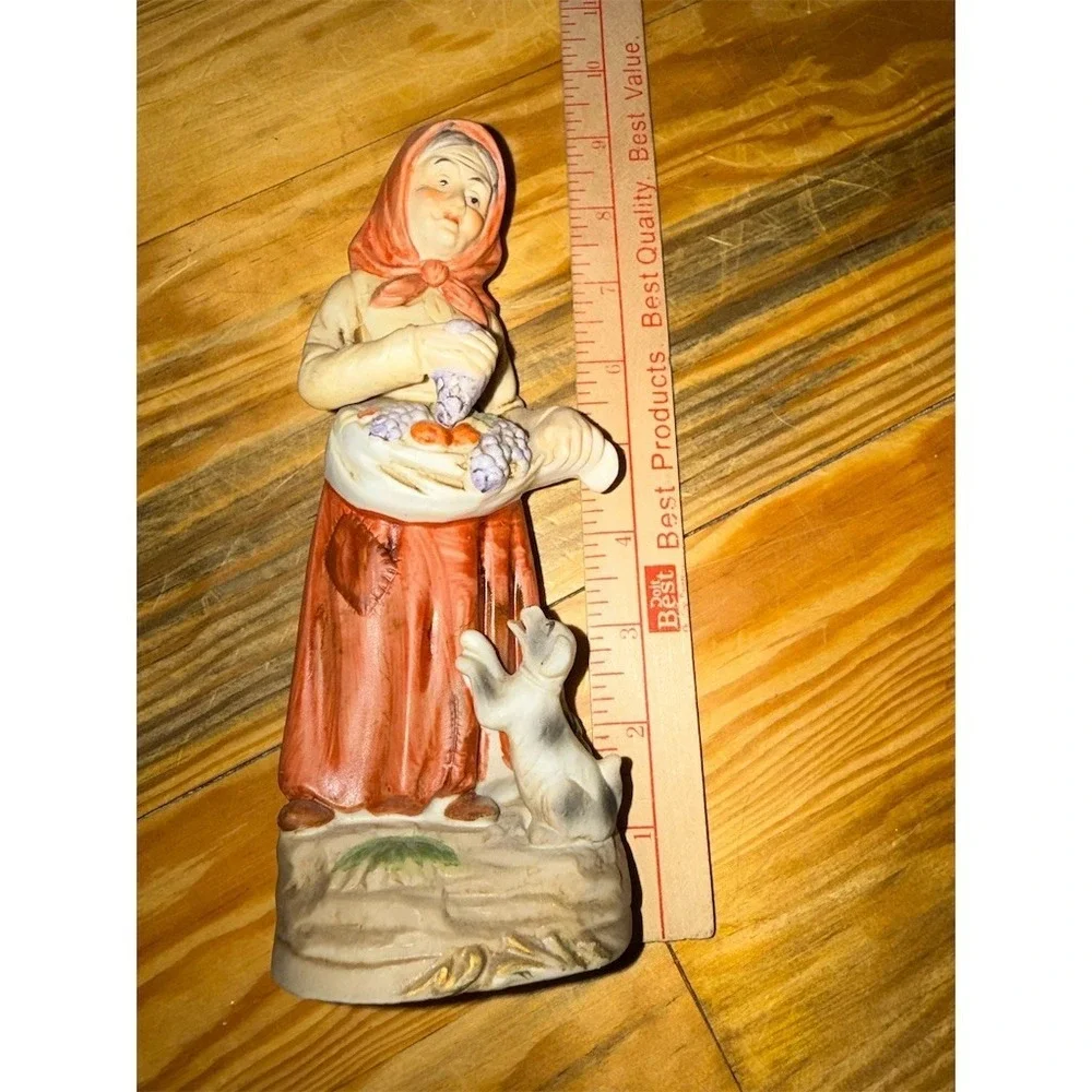Vintage HOMCO‎ Porcelain Farm Lady Figurine Grapes Fruit Basket Puppy Dog